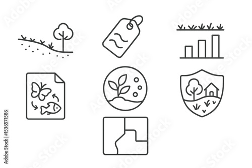 Ecosystem Regeneration Icons. Line style icons of ecosystem regeneration: ecotone recovery icon, transition zone tag, buffer strip