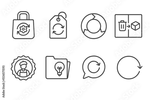 Ethical Consumption Icons. Line style icons of ethical consumption: upcycled goods icon, creative reuse tag, design loop chart,