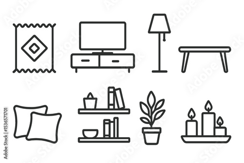 Living Room Icons. Line style icons of living room decor: rug, TV stand, floor lamp, coffee table. sofa cushions, wall shelves,