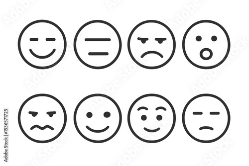Minimal Facial Moods. Line style icons of minimal facial moods: curved mouth, straight eyes, downward brows, circular mouth.