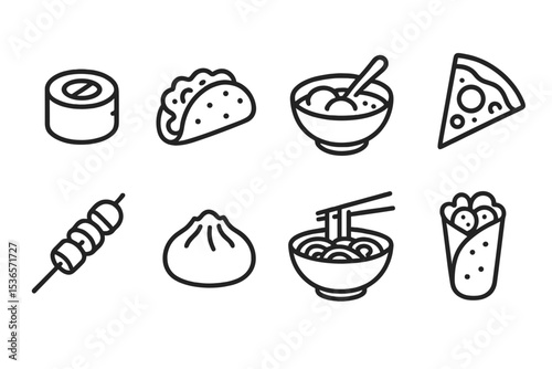 Line Art Cuisine Icons. Line style icons of international cuisine: sushi roll, taco, curry bowl, pizza slice. kebab, dumpling,