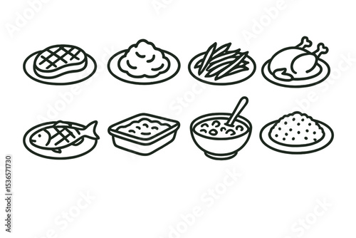 Line Style Dinner Icons. Line style icons of dinner dishes: steak plate, mashed potatoes, green beans, roast chicken. grilled fish