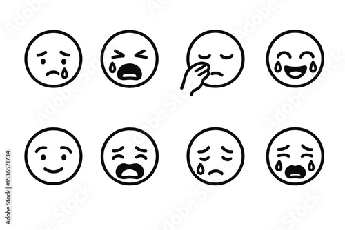 Tearful Emotion Icons. Line style icons of faces with tears: single tear, crying loudly, wiping tear, tears of joy. tearful smile,