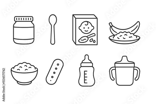 Baby Food Icons. Line style icons of baby food: puree jar, feeding spoon, baby cereal, mashed banana. rice porridge, baby biscuit,