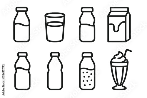 Dairy Drink Icons. Line style icons of dairy drinks: milk bottle, milk glass, yogurt drink, chocolate milk. buttermilk, kefir,