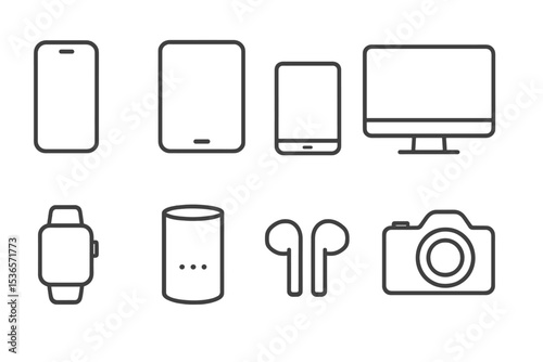 Consumer Electronics Icons. Line style icons of consumer electronics: smartphone, tablet, laptop, desktop computer. smartwatch,