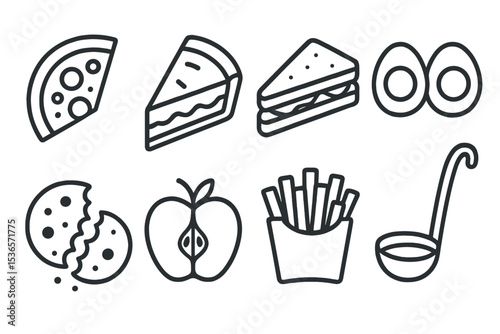 Line Style Food Icons. Line style icons of food portions: quarter pizza, pie slice, sandwich half, egg halves. broken cookie, cut