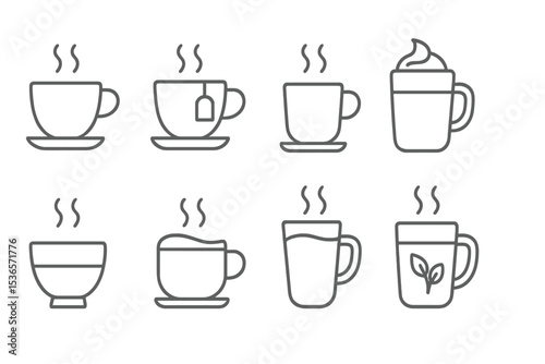 Hot Drinks Icons. Line style icons of hot drinks: coffee cup, tea cup, espresso shot, hot chocolate mug. matcha bowl, cappuccino