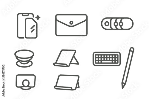 Tech Accessories Icons. Line style icons of tech accessories: screen protector, laptop sleeve, cable organizer, webcam cover.