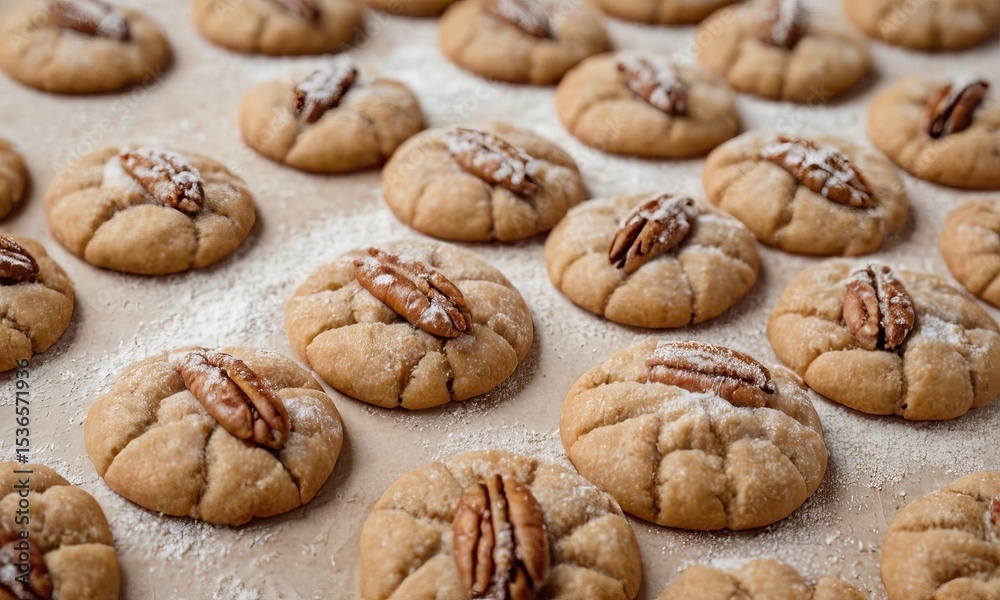 Delicious pecan sandies cookies with powdered sugar dusting on a beige surface, perfect for holiday baking and sweet treat concepts Delicious pecan sandies cookies with powdered sugar dusting on a beige surface, perfect for holiday baking and sweet treat concepts