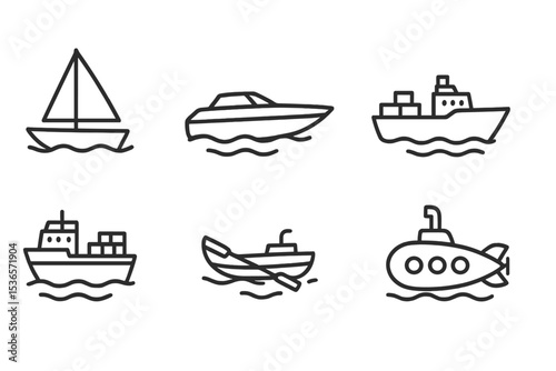 Water Transport Icons. Line style icons of water transport: sailboat, motorboat, yacht, cargo ship. ferry, rowboat, submarine, jet