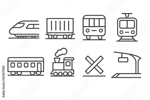 Line Style Trains. Line style icons of train transport: high-speed train, freight train, metro car, tram. sleeper car, locomotive,