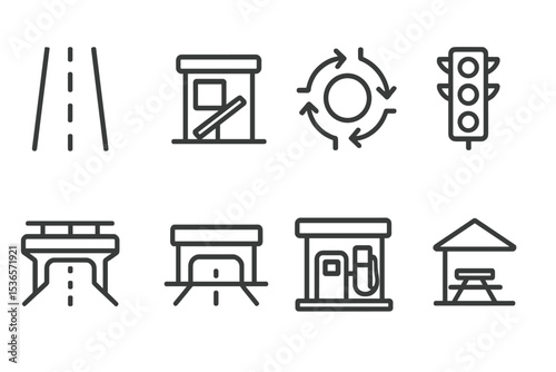 Road Transport Icons. Line style icons of road transport: highway, toll booth, roundabout, traffic light. overpass, underpass,