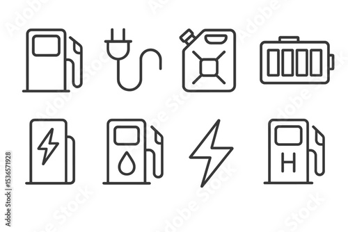 Energy Symbols Icons. Line style icons of fuel and charging: fuel pump, charging plug, gas tank, battery level. electric charger,