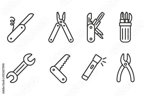Line Style Multitools. Line style icons of multi-tools: Swiss knife, multitool pliers, utility multitool, compact screwdriver.