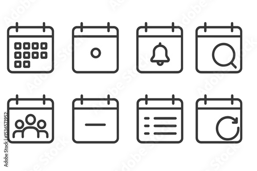 Calendar Icons Set. Line style icons of calendar UI: calendar grid, event dot, scheduled reminder, date picker. meeting invite,