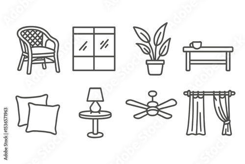 Sunroom Decor Icons. Line style icons of sunroom decor: wicker chair, glass walls, house plants, coffee table. throw pillows, side