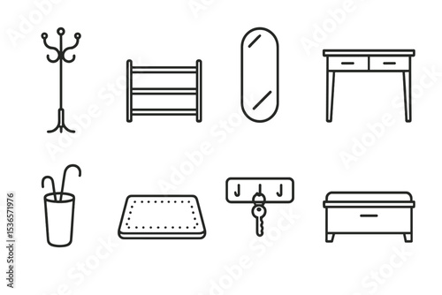 Entryway Essentials Icons. Line style icons of entryway essentials: coat rack, shoe rack, mirror, console table. umbrella stand,