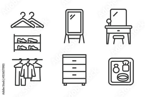 Walk-In Closet Icons. Line style icons of walk-in closet: hangers, shoe shelves, mirror, vanity. clothing rod, drawer unit, closet