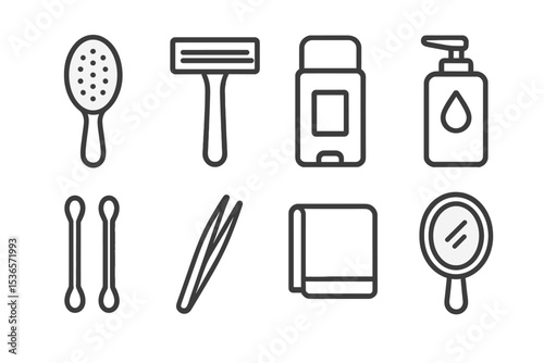 Daily Grooming Icons. Line style icons of daily grooming: hairbrush, shaving razor, deodorant stick, facial cleanser. cotton swabs