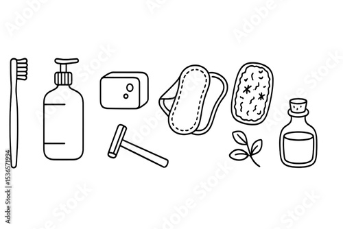 Eco-Friendly Hygiene Icons. Line style icons of eco-friendly hygiene: bamboo toothbrush, refill bottle, soap bar, cotton cloth.