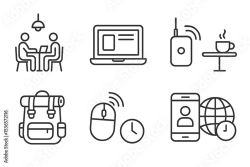 Digital Nomad Icons. Line style icons of digital nomad travel: coworking space, laptop, mobile hotspot, café table. backpack with