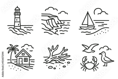 Coastal Icons Collection. Line style icons of coastal views: lighthouse, cliffs, sailboat, tide line. beach house, driftwood,