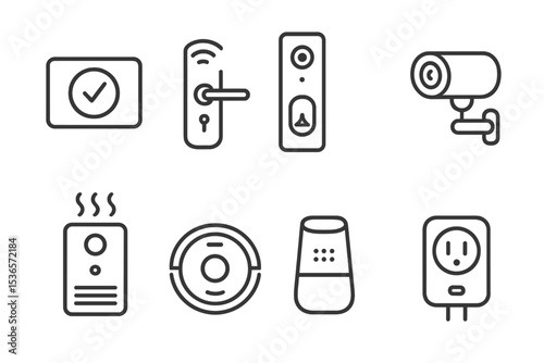Smart Home Tech Icons. Line style icons of home tech: smart thermostat, smart door lock, video doorbell, security camera. air