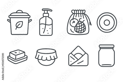 Zero Waste Kitchen Icons. Line style icons of zero waste kitchen: compost bin, refill bottle, produce bag, reusable lid. solid