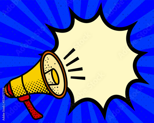 Announcement. Megaphone, speech burst, sound lines, comic style, bright background, communication element, expression tool, voice projection, information sharing, pop art design.