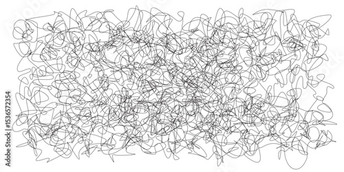 Chaos of black ink scribbles on white background with looped feel. Crazy swirling background with scribbles. Unruly swirling lines in vector graphics
