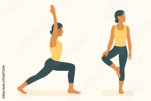Poses from yoga and pilates including warrior and downward dog, focusing on balance, spine alignment, flexibility, and full-body strength