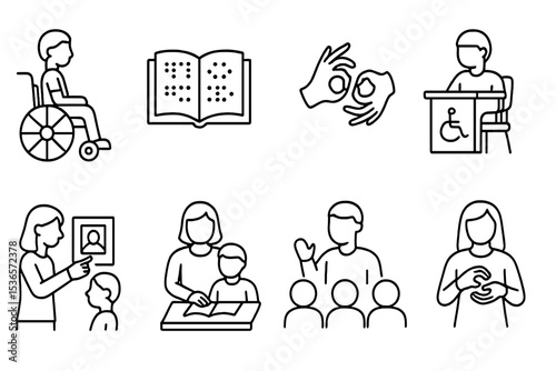 Inclusive Education Icons. Line style icons of inclusive education: wheelchair student, braille book, sign language, accessible