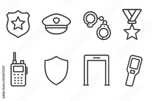Military and Police Icons. Line style icons of military and law enforcement: badge icon, police hat, handcuffs, military medal.