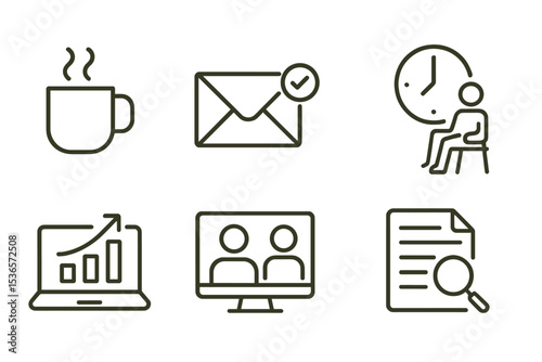 Daily Work Icons. Line style icons of daily work routine: morning coffee, email check, task list, break time. project update, team