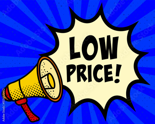 Low price announcement speech bubble. Megaphone, speech burst, comic style, bright background, communication element, expression tool, voice projection, information sharing, pop art design.