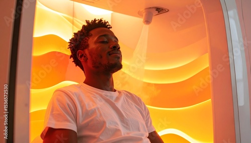 Man relaxing and rejuvenating in a specialized spa-like environment. The interior is bathed in a warm, inviting glow, enhanced with a mist effect, creating a haven for relaxation and well-being