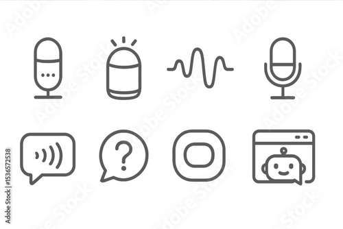 Smart Assistant Icons. Line style icons of smart assistants: voice assistant, speaker light, voice wave, microphone icon. response
