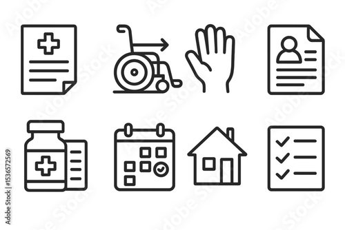 Hospital Discharge Icons. Line style icons of hospital discharge: discharge form, wheelchair exit, goodbye wave, instruction sheet