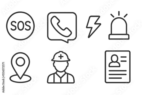 Crisis Response Icons. Line style icons of crisis response online: SOS icon, hotline phone, emergency chat, alert signal. safety