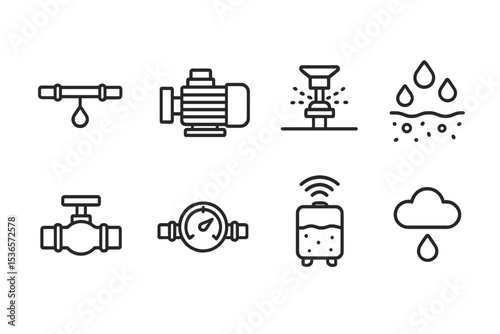 Automated Irrigation Icons. Line style icons of automated irrigation: drip line, water pump, sprinkler head, moisture zone.