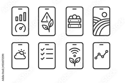 Smart Farm Icons. Line style icons of smart farm mobile apps: dashboard app, crop alert, harvest tracker, field view. weather