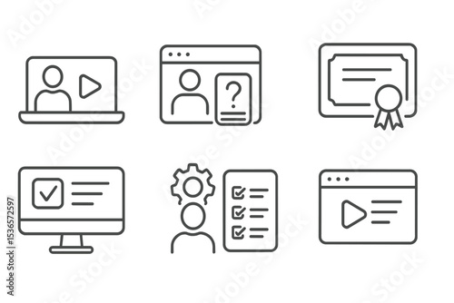 Remote Training Icons. Line style icons of remote training: video course, training module, quiz screen, certificate icon. test