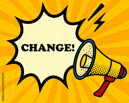Change speech bubble. Megaphone, lightning, speech burst, sound lines, pop art style, loudspeaker, public speaking, yellow background, expression, voice, alert, broadcast