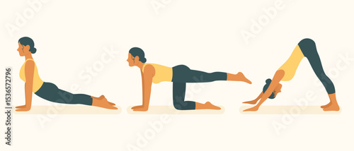 Yoga training icon. Female in cobra, tabletop leg raise, and downward dog positions. Core engagement and body alignment for mobility and posture development.
