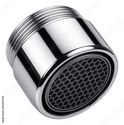 Shiny chrome faucet aerator with a honeycomb pattern for optimal water flow on transparent background.