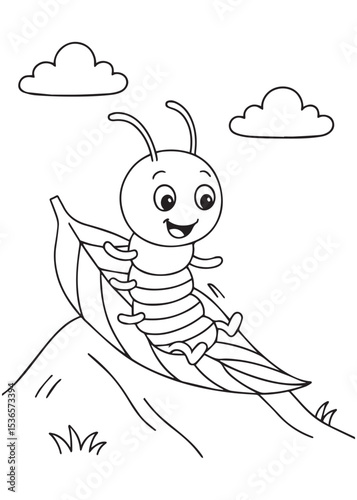 Coloring book centipede happily sliding down a leaf like a slide