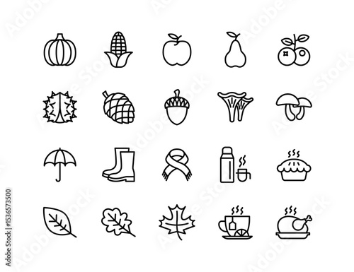Autumn Vector Icon Set | Adjustable Line Weight | Pumpkin, apple, corn, leaf, mushroom, acorn, pie, scarf, boots, umbrella, tea, harvest, cozy, food icons