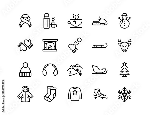 Winter Vector Icon Set | Adjustable Line Weight | Snow, snowflake, mittens, scarf, sled, snowman, hot drink, reindeer, sweater, coat, fireplace, mountains, holiday, tree icons