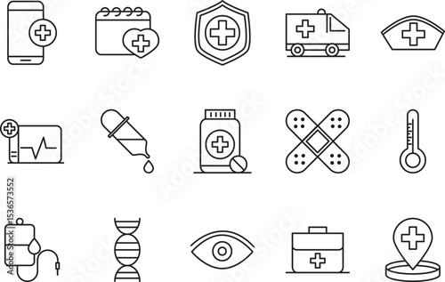 Comprehensive Medical Icons Healthcare, First Aid, and Medicine Line Art Graphics - 576.eps Compatible